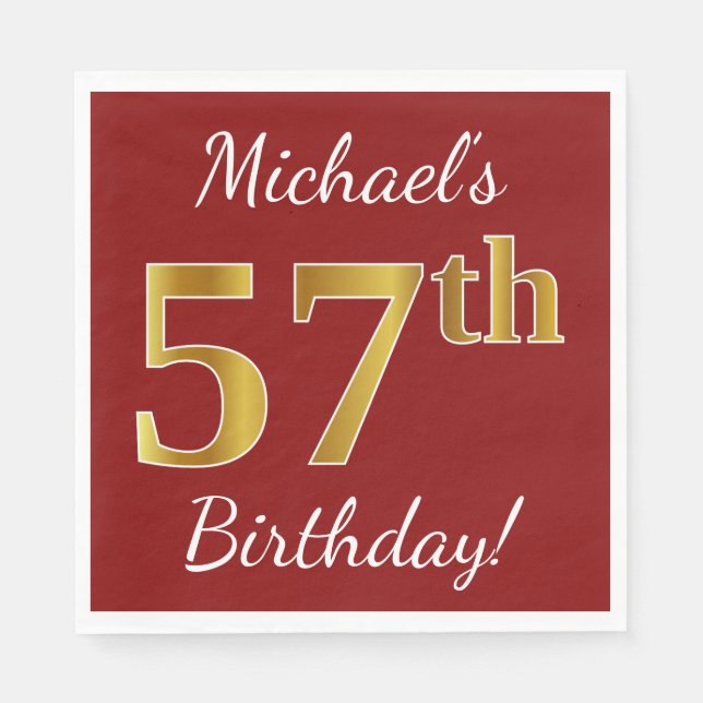 Servilleta De Papel Red, Faux Gold 57th Birthday + Custom Name (Anverso)