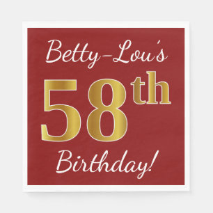 Servilleta De Papel Red, Faux Gold 58th Birthday + Nombre personalizad