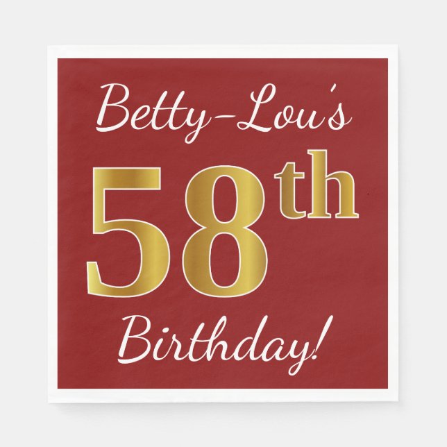 Servilleta De Papel Red, Faux Gold 58th Birthday + Nombre personalizad (Anverso)