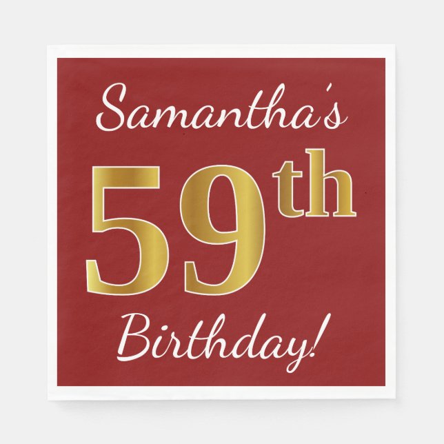Servilleta De Papel Red, Faux Gold 59th Birthday + Custom Name (Anverso)