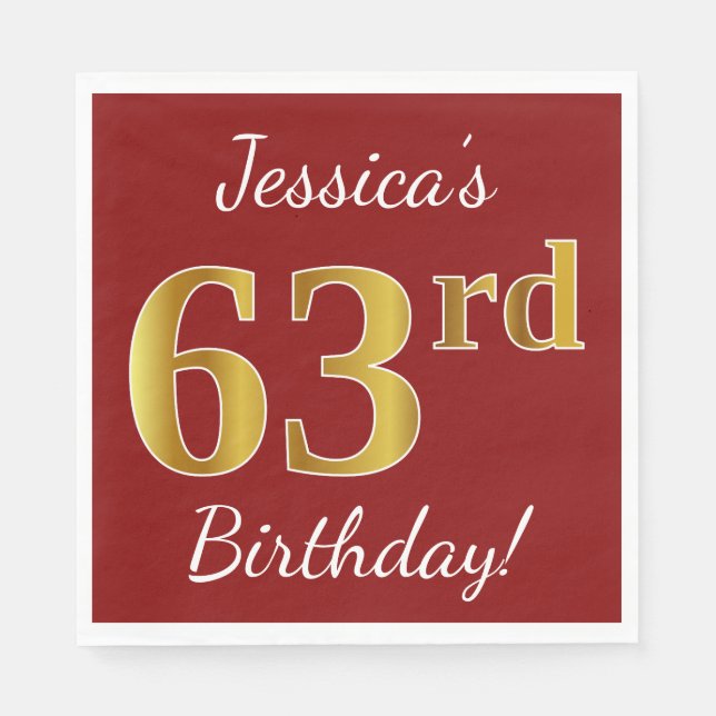 Servilleta De Papel Red, Faux Gold 63rd Birthday + Custom Name (Anverso)