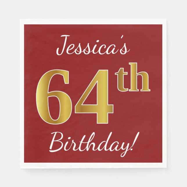 Servilleta De Papel Red, Faux Gold 64th Birthday + Nombre personalizad (Anverso)