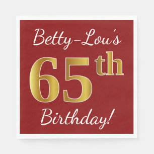 Servilleta De Papel Red, Faux Gold 65th Birthday + Nombre personalizad