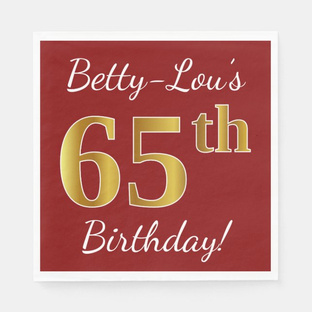 Servilleta De Papel Red, Faux Gold 65th Birthday + Nombre personalizad (Anverso)