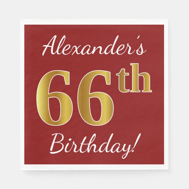 Servilleta De Papel Red, Faux Gold 66th Birthday + Custom Name (Anverso)