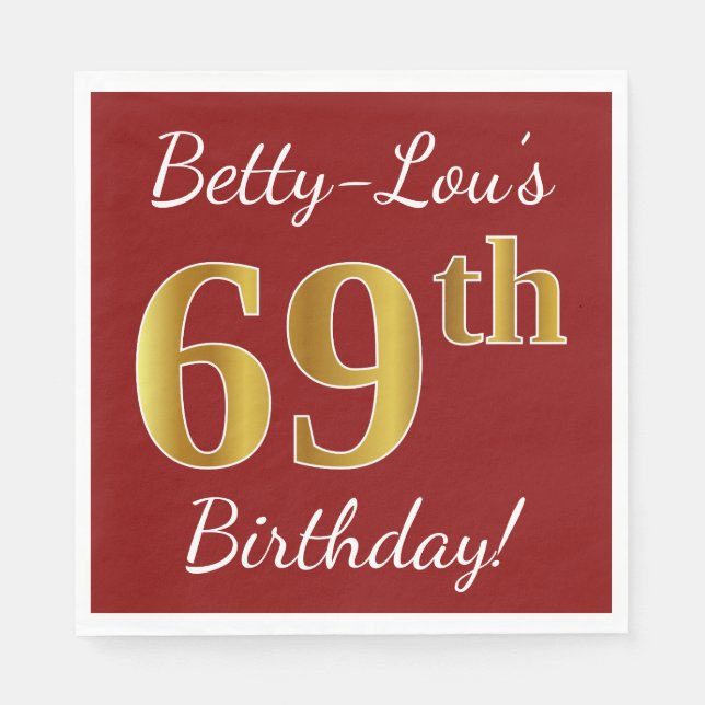 Servilleta De Papel Red, Faux Gold 69th Birthday + Nombre personalizad (Anverso)