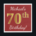 Servilleta De Papel Red, Faux Gold 70th Birthday   Nombre personalizad<br><div class="desc">Este sencillo diseño de servilletas de papel muestra un mensaje como "¡Cumpleaños 70 de Michael!",  con el "70" en falso aspecto dorado,  en un fondo de color rojo. El nombre se puede personalizar. Se podría usar en una fiesta de cumpleaños para alguien que esté celebrando su septuagésimo cumpleaños. [~Z0000080]</div>