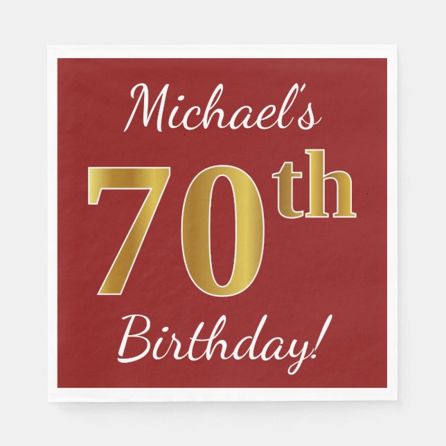 Servilleta De Papel Red, Faux Gold 70th Birthday + Nombre personalizad (Anverso)