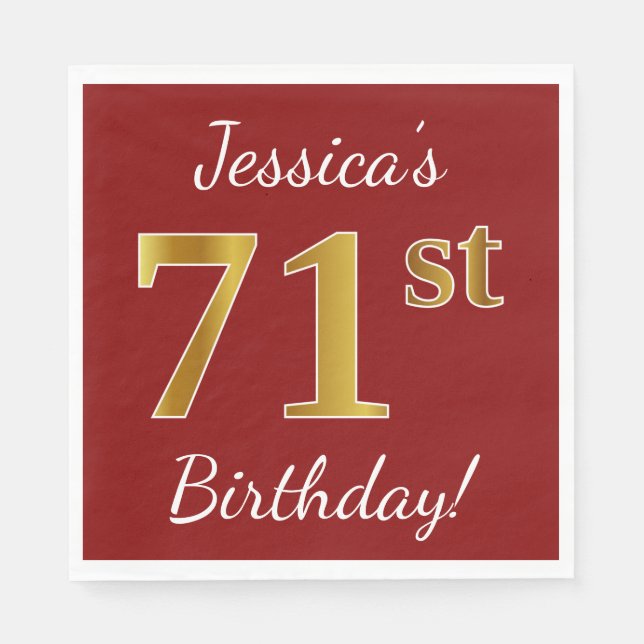 Servilleta De Papel Red, Faux Gold 71st Birthday + Nombre personalizad (Anverso)