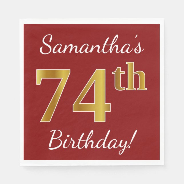 Servilleta De Papel Red, Faux Gold 74th Birthday + Nombre personalizad (Anverso)