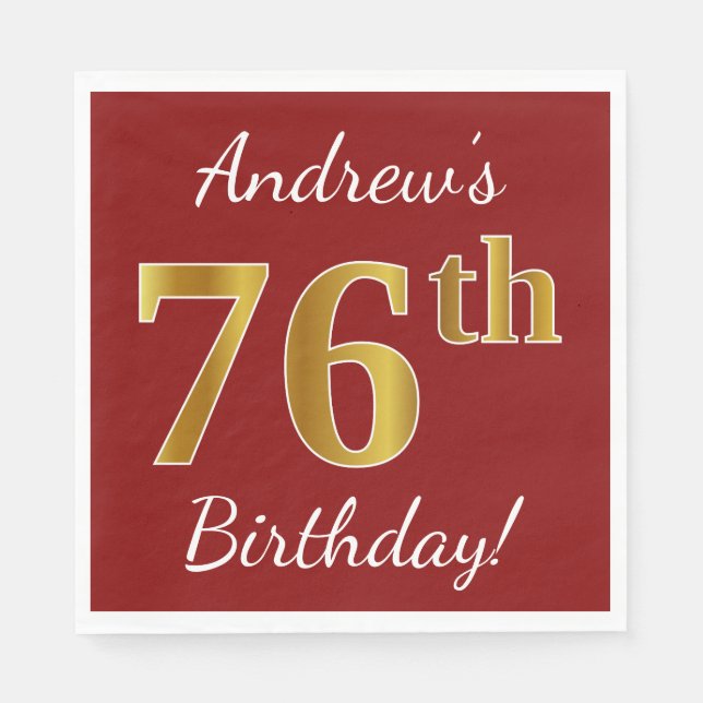 Servilleta De Papel Red, Faux Gold 76th Birthday + Custom Name (Anverso)