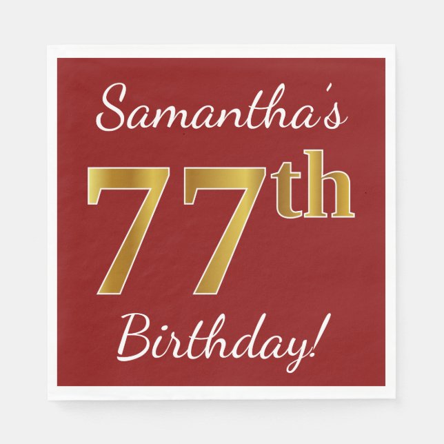 Servilleta De Papel Red, Faux Gold 77th Birthday + Custom Name (Anverso)