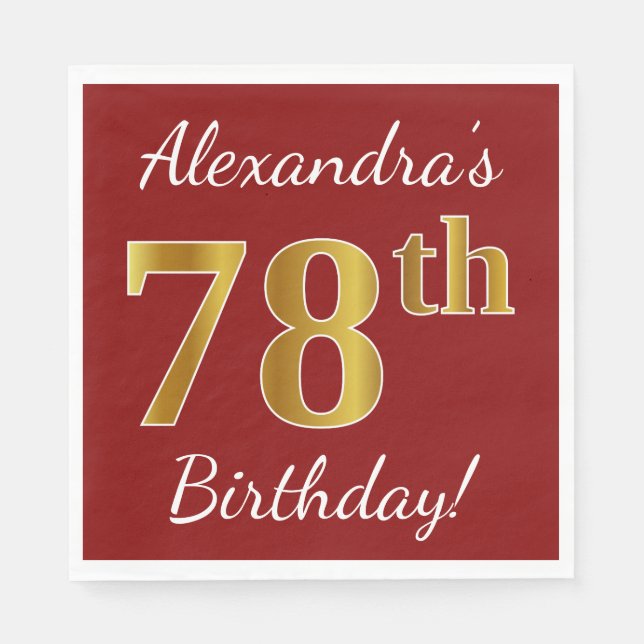 Servilleta De Papel Red, Faux Gold 78th Birthday + Custom Name (Anverso)
