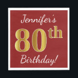 Servilleta De Papel Red, Faux Gold 80th Birthday   Nombre personalizad<br><div class="desc">Este sencillo diseño de servilletas de papel muestra un mensaje como "¡Cumpleaños 80 de Jennifer!", donde el "80" tiene una apariencia falsa de oro, en un fondo de color rojo. El nombre se puede personalizar. Se podría usar en una fiesta de cumpleaños para alguien que esté celebrando su ochenta cumpleaños....</div>