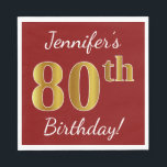 Servilleta De Papel Red, Faux Gold 80th Birthday   Nombre personalizad<br><div class="desc">Este sencillo diseño de servilletas de papel muestra un mensaje como "¡Cumpleaños 80 de Jennifer!", donde el "80" tiene una apariencia falsa de oro, en un fondo de color rojo. El nombre se puede personalizar. Se podría usar en una fiesta de cumpleaños para alguien que esté celebrando su ochenta cumpleaños....</div>