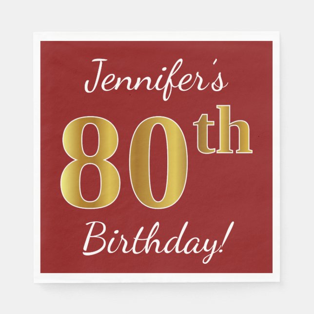 Servilleta De Papel Red, Faux Gold 80th Birthday + Nombre personalizad (Anverso)