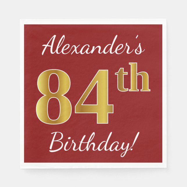 Servilleta De Papel Red, Faux Gold 84th Birthday + Nombre personalizad (Anverso)