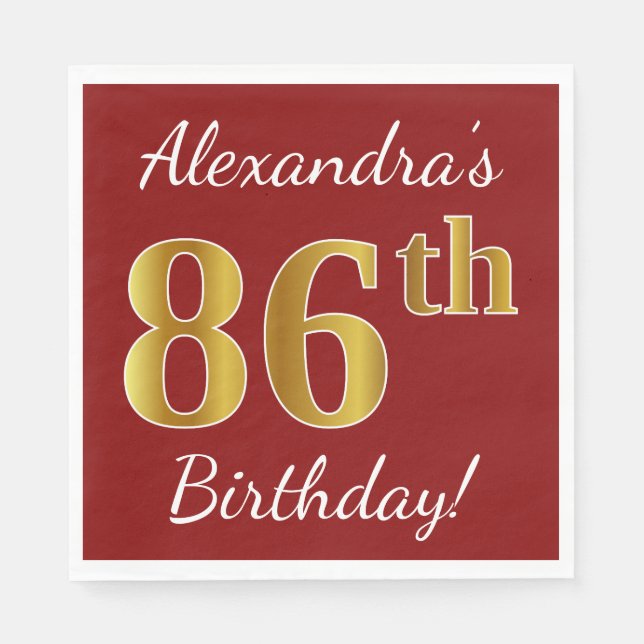 Servilleta De Papel Red, Faux Gold 86th Birthday + Custom Name (Anverso)