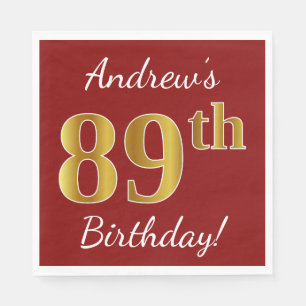 Servilleta De Papel Red, Faux Gold 89th Birthday + Nombre personalizad