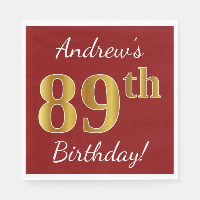 Servilleta De Papel Red, Faux Gold 89th Birthday + Nombre personalizad (Anverso)