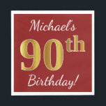 Servilleta De Papel Red, Faux Gold 90th Birthday   Nombre personalizad<br><div class="desc">Este sencillo diseño de servilletas de papel muestra un mensaje como "¡Cumpleaños 90 de Michael!", con el "90" en un falso aspecto dorado, en un fondo de color rojo. El nombre se puede personalizar. Se podría usar en una fiesta de cumpleaños para alguien que esté celebrando su cumpleaños número noventa....</div>