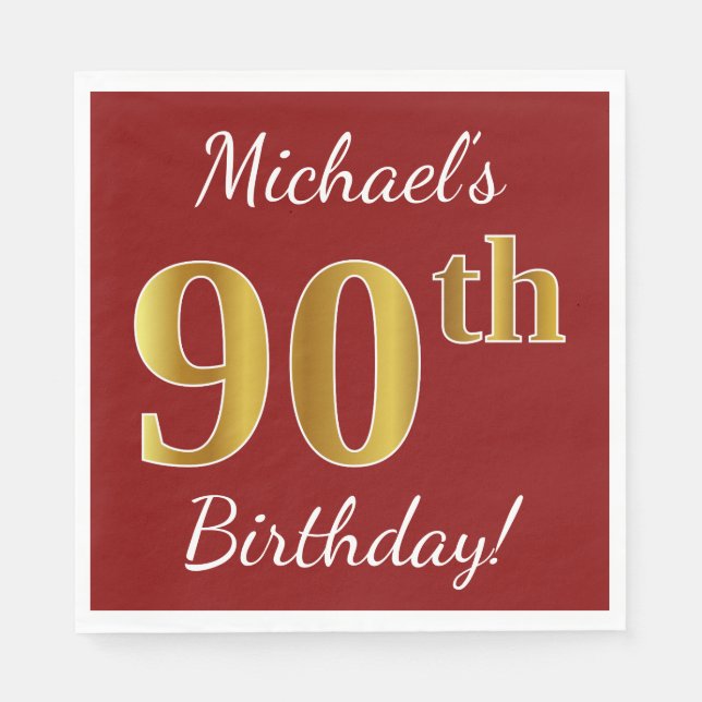 Servilleta De Papel Red, Faux Gold 90th Birthday + Nombre personalizad (Anverso)