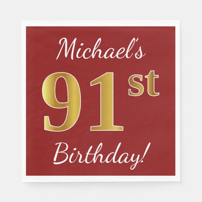 Servilleta De Papel Red, Faux Gold 91st Birthday + Nombre personalizad (Anverso)