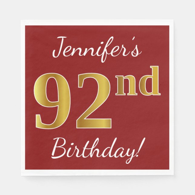Servilleta De Papel Red, Faux Gold 92nd Birthday + Nombre personalizad (Anverso)