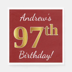 Servilleta De Papel Red, Faux Gold 97th Birthday + Custom Name