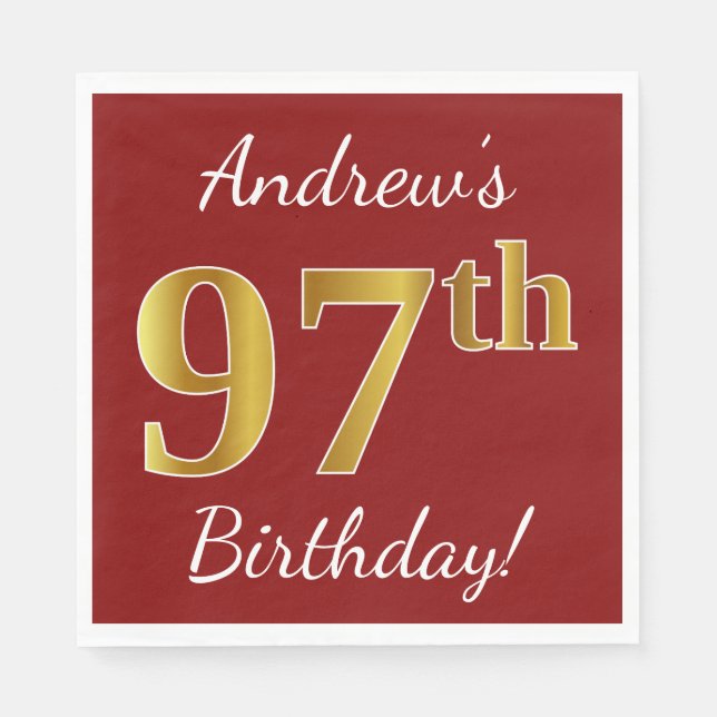 Servilleta De Papel Red, Faux Gold 97th Birthday + Custom Name (Anverso)