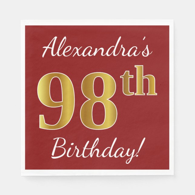 Servilleta De Papel Red, Faux Gold 98th Birthday + Custom Name (Anverso)