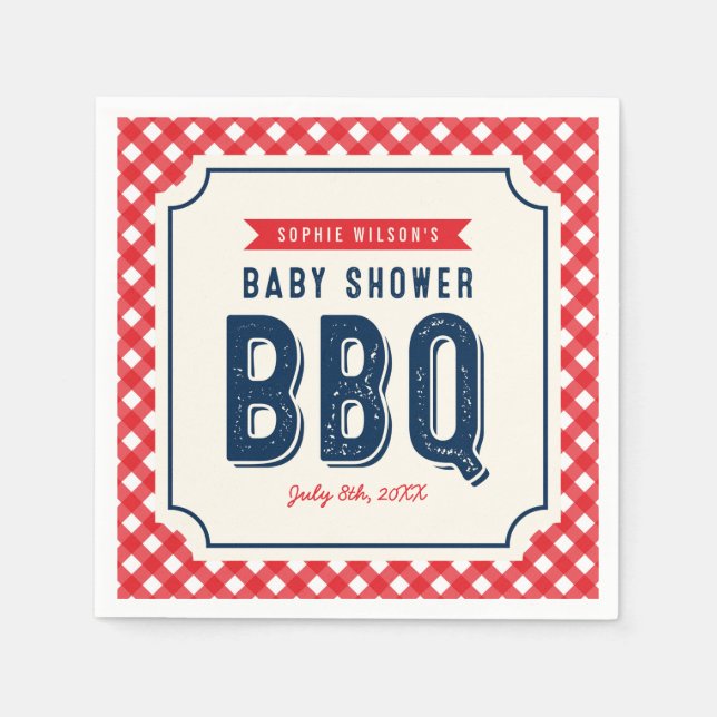 Servilleta De Papel Red Gingham y Blue BBQ Baby Shower (Anverso)