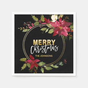 Servilleta De Papel RED Gold Black Poinsettia MERRY CHRISTMAS