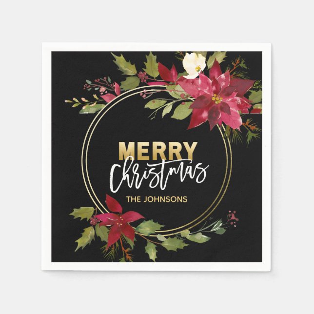 Servilleta De Papel RED Gold Black Poinsettia MERRY CHRISTMAS (Anverso)