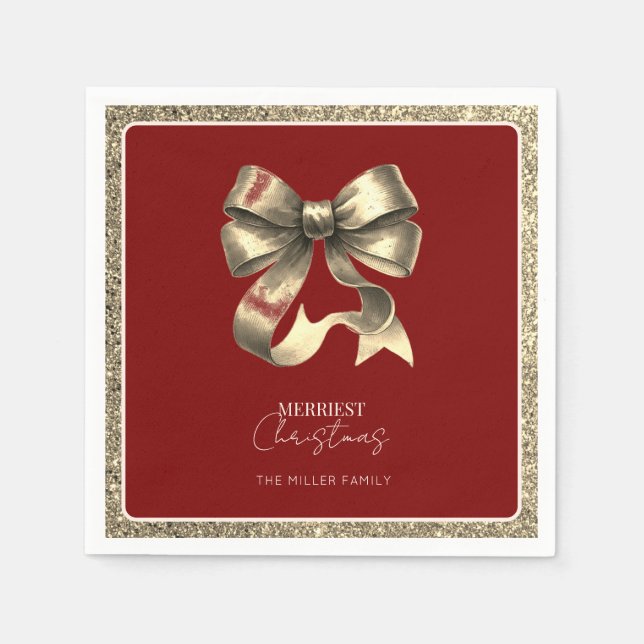 Servilleta De Papel Red Gold Glittered Bow Navidades Papel Napkin (Anverso)