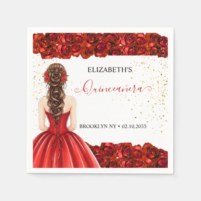 Servilleta De Papel Red & Gold Quinceañera Custom Party Napkins (Anverso)