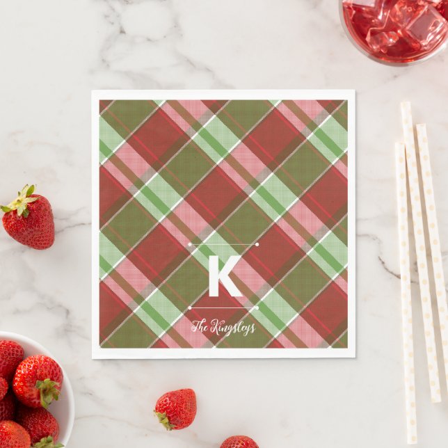 Servilleta De Papel Red Green Plaid Christmas Personalized Monogram (In situ)