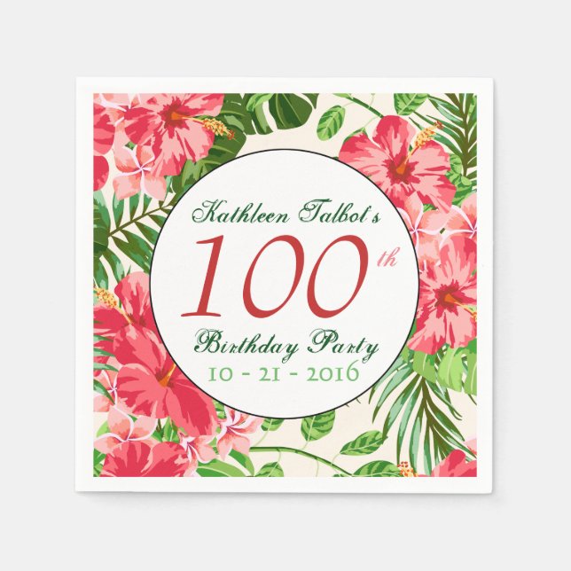 Servilleta De Papel Red Hibiscus 100th Birthday Party Paper Napkin (Anverso)