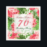 Servilleta De Papel Red Hibiscus 70th Birthday Party Napkin<br><div class="desc">Diseño clásico y elegante de patrones impecables hechos de flores rojas de Hibiscus y hojas con tres etiquetas cuadradas semitransparentes para tu texto. servilleta de papel de la fiesta de cumpleaños 70 del personalizable. Puede cambiar fácilmente el texto (fuente, color, tamaño y posición), cambiar la transparencia de las etiquetas (copiar...</div>