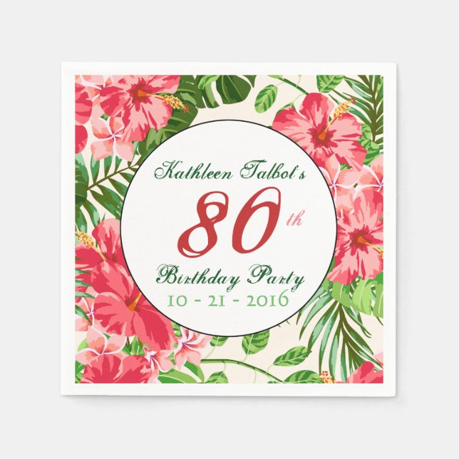 Servilleta De Papel Red Hibiscus 80th Birthday Party Napkin (Anverso)