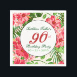 Servilleta De Papel Red Hibiscus 90th Birthday Party Napkin<br><div class="desc">Diseño clásico y elegante de patrones impecables hechos de flores rojas de Hibiscus y hojas con tres etiquetas cuadradas semitransparentes para tu texto. servilleta de papel de la fiesta de cumpleaños número 90 del personalizable. Puede cambiar fácilmente el texto (fuente, color, tamaño y posición), cambiar la transparencia de las etiquetas...</div>