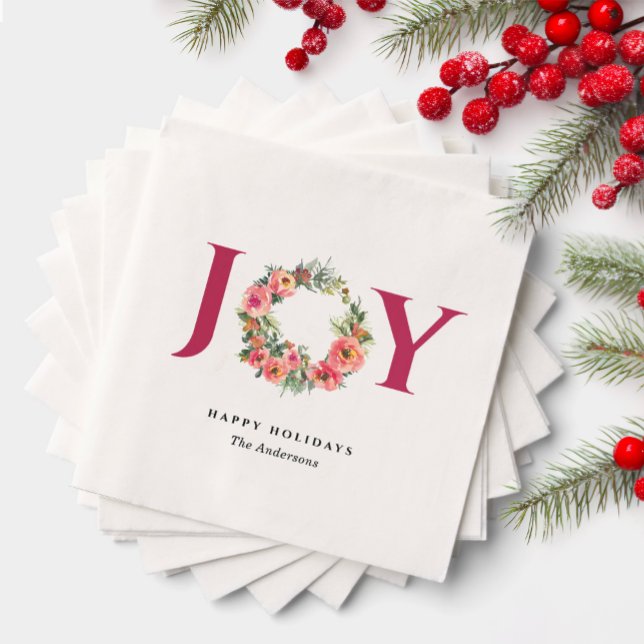 Servilleta De Papel Red Joy Floral Wreath Botanical Christmas Party (Subido por el creador)