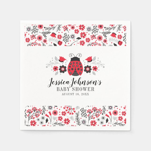 Servilleta De Papel Red Ladybug Personalizado Chica Floral Baby Shower (Anverso)