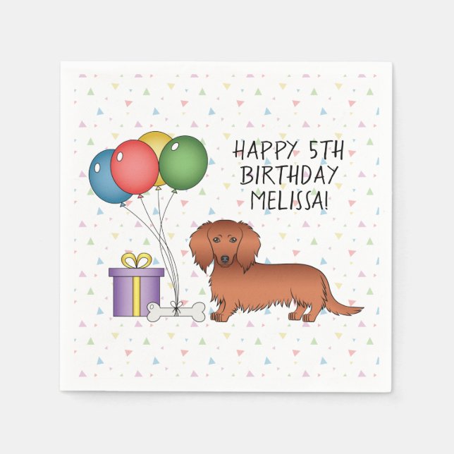 Servilleta De Papel Red Long Hair Dachshund Cartoon Dog Happy Birday (Anverso)
