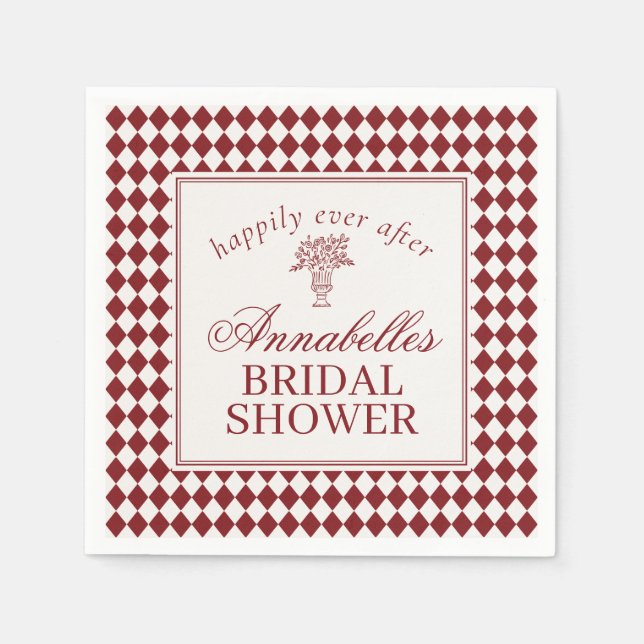 Servilleta De Papel Red Merlot Harlequin Checkered Bridal Shower (Anverso)