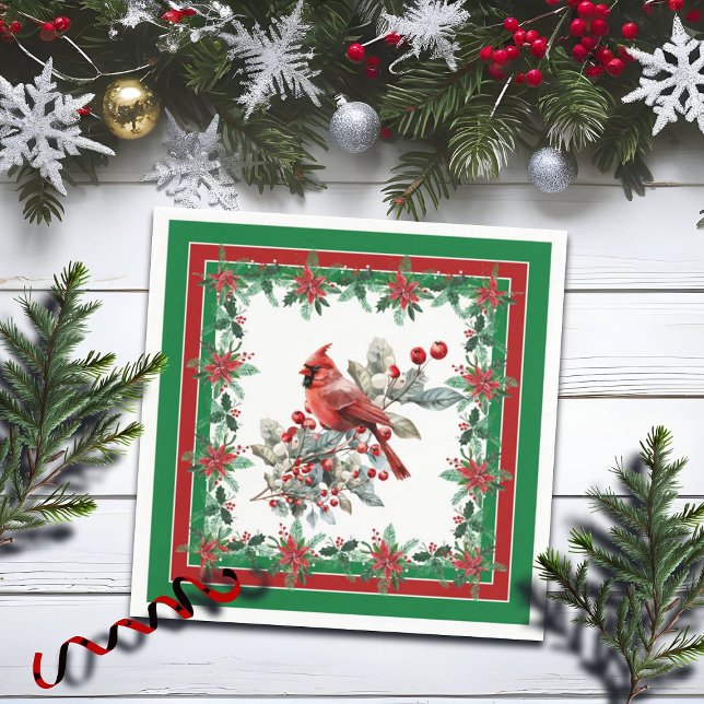 Servilleta De Papel Red Mockingbird Poinsettia Borders Green (Subido por el creador)