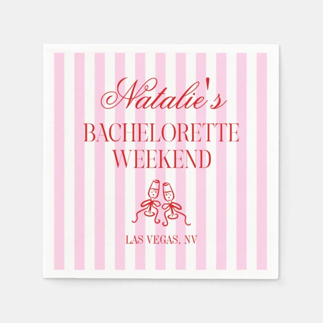 Servilleta De Papel Red Pink Stripes Bachelorette Weekend Party (Anverso)