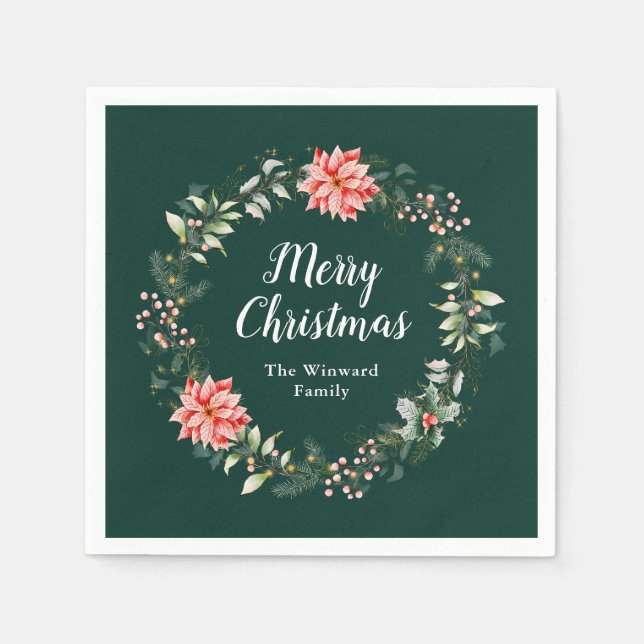 Servilleta De Papel Red Poinsettia Wreath Feliz Navidad (Anverso)