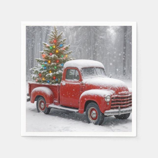 Servilleta De Papel Red Retro Truck With Christmas Tree (Anverso)