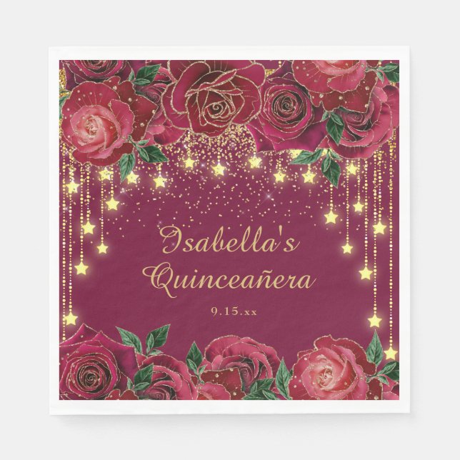Servilleta De Papel Red Rose Gold String Light Stars Quinceañera (Anverso)
